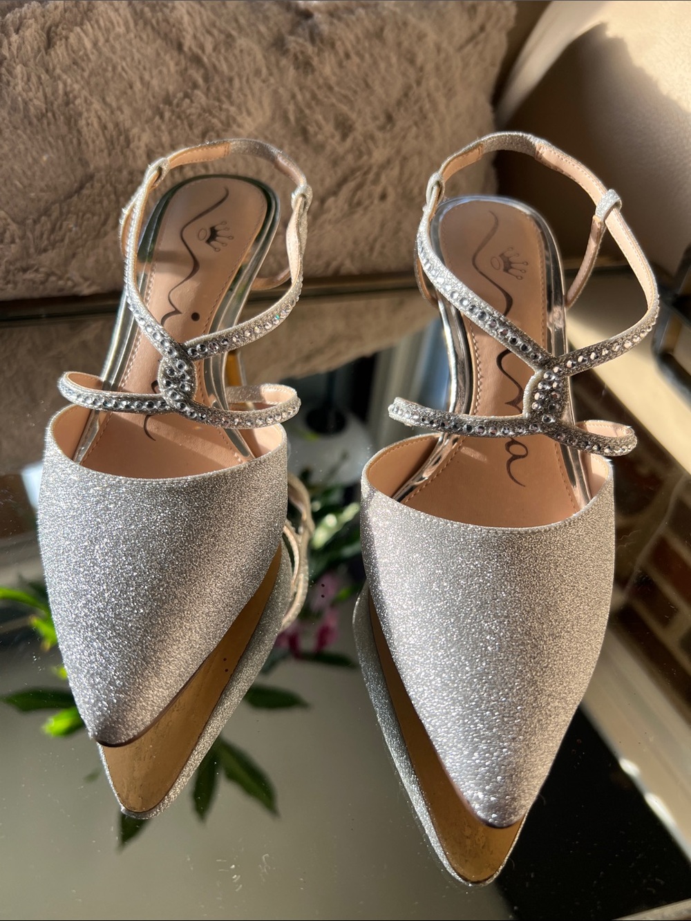 Nina Silver Glitter Pointed Toe Slingback Mules with Crystal Straps
